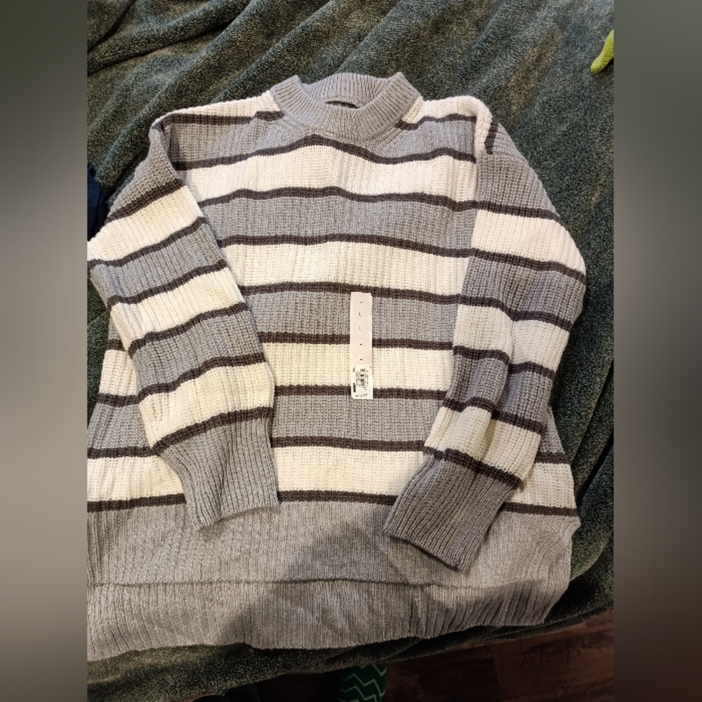Kohl's Gray, Cream & Dark Gray Striped Crewneck Sweater